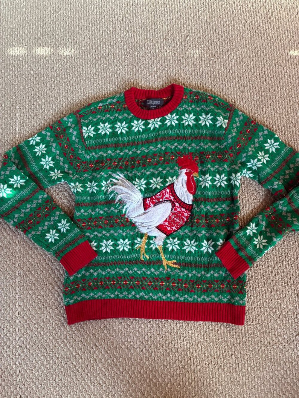 Christmas Sweater Pullover Chicken Wearing Sweater Adult Med Green Red 33Degrees
